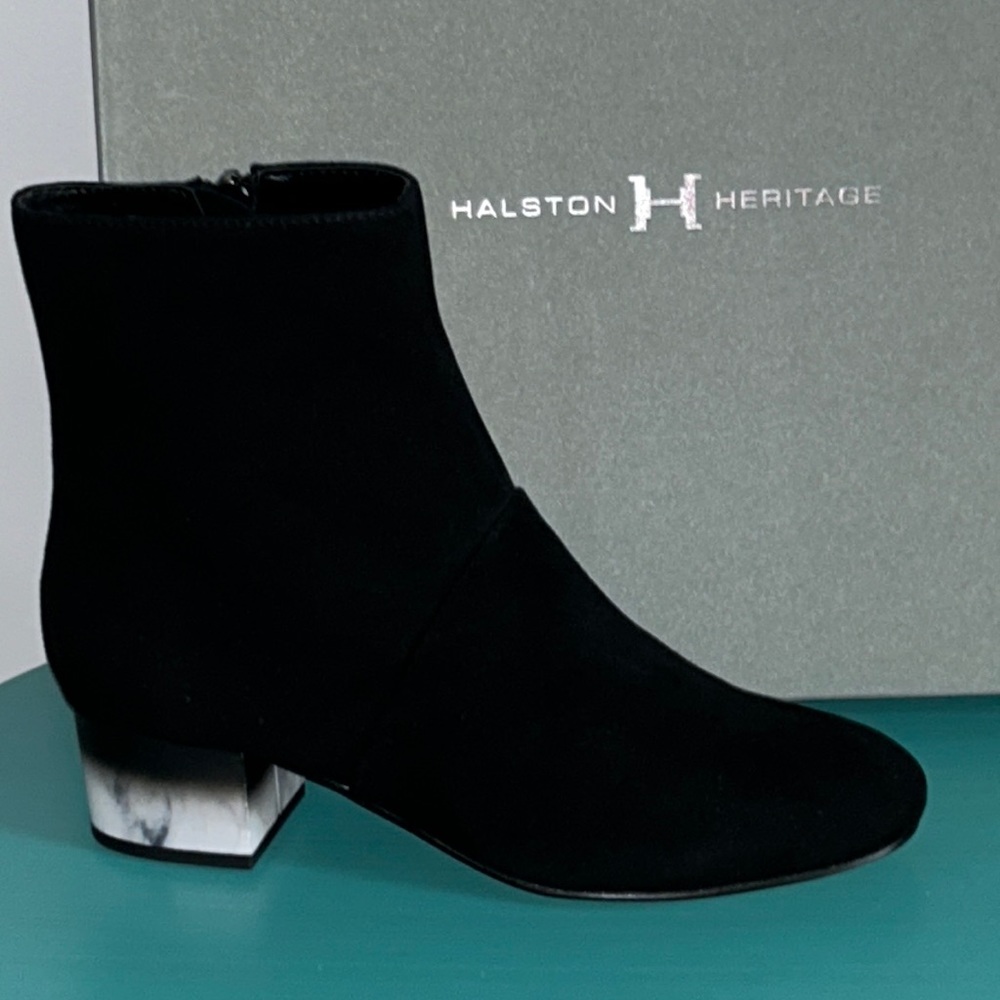 New in Box Halston Heritage Trendy Olga Black Suede Chunky 1.5” Heeled Booties